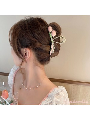 Pembe Lale Çiçekli Model Zarif Kadın Metal Mandal Toka 11CM Gold - Şık Mandallı Saç Topuz Tokası