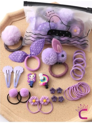 29'lu Hediyelik Kız Bebek Toka Seti Lila Tonlu - Sevimli Çocuk Çıtçıtlı Pens Klips Lastik Saç Tokası