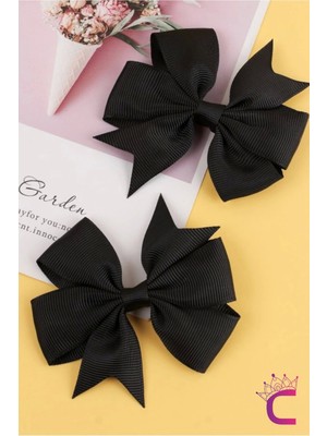 2'li Kız Çocuk Grogren Saten Fiyonk Toka Seti Siyah - Fiyonklu Kurdele Klips Pens Saç Tokası