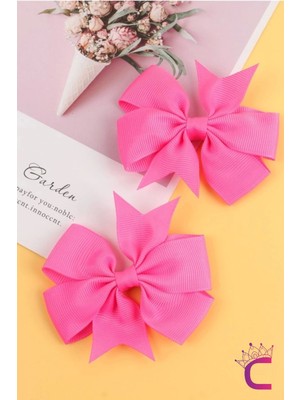 2'li Kız Çocuk Grogren Saten Fiyonk Toka Seti Pembe - Fiyonklu Kurdele Klips Pens Saç Tokası