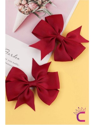 2'li Kız Çocuk Grogren Saten Fiyonk Toka Seti Bordo - Fiyonklu Kurdele Klips Pens Saç Tokası