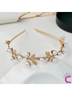 Zarif Yaprak Inci Detaylı Helen Gelin Tacı Saç Bandı Gold - Düğün Nişan Nikah Söz Saç Aksesuarı