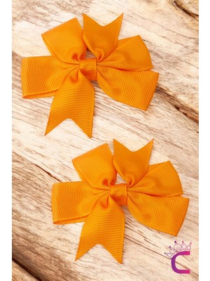 2'li Kız Çocuk Grogren Saten Fiyonk Toka Seti Turuncu - Fiyonklu Kurdele Klips Pens Saç Tokası