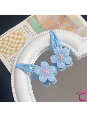 3'lü Tatlı Mavi Kiraz Çiçeği Çıtçıt Kız Çocuk Toka Seti 5cm - Yumuşak Çıtçıtlı Yan Saç Tokası
