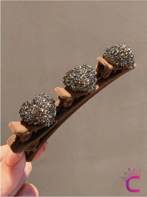 Kalpli Saç Bükücü Kadife Dokulu Yan Saç Tokası Kahverengi - Mini Taşlı Klips Pens Toka Saç Aksesuarı