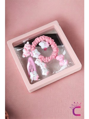 Kt Cat 6'lı Özel Kutulu Hediyelik Kız Çocuk Toka Seti - Pembe Çıtçıt Pens Lastikli Bebek Saç Tokası