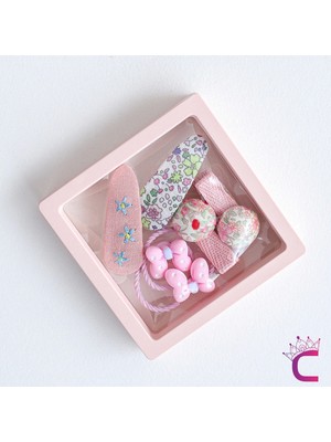 6'lı Özel Hediyelik Kutulu Bebek Toka Seti Pembe - Kız Çocuk Lastik Fiyonk Mantar Çiçekli Saç Tokası