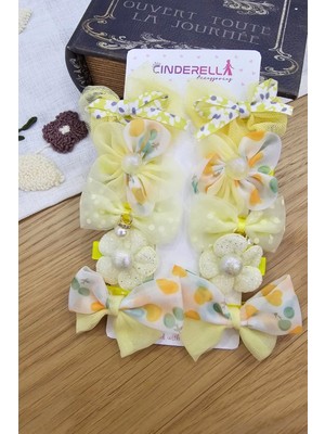 10'lu Yumuşak Astarlı Kız Bebek Toka Seti Sarı - Çocuk Incili Taşlı Kelebek Fiyonklu Pens Saç Tokası