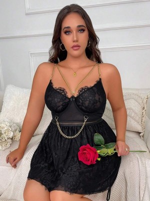 Marsilyan- Özel Tasarım Büyük Beden Fantezi Zincir Detaylı Dantelli Gecelik