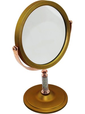 Taş Saplı Yuvarlak 7 Inç= Çap:17.5cm Makyaj Aynası Çift Taraflı Bronz - Gümüş Pls.çerçeve Sabit Ayak (4887)