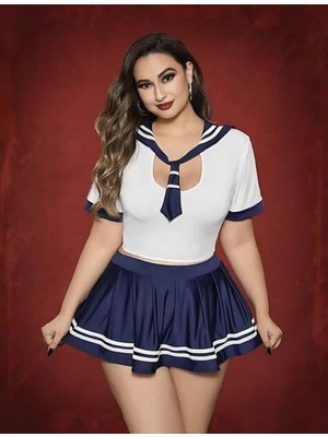 Marsilyan- Büyük Beden Lacivert Mini Etekli Fantezi Denizci Kostümü