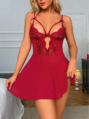 Bordo Dantel Işlemeli Göğüs Ip Detaylı Fantezi Tül Gecelik Takımı