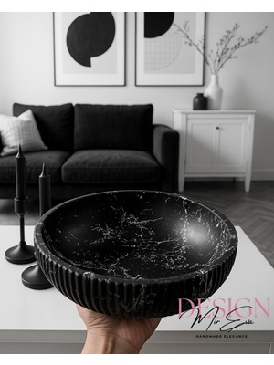Siyah Mermer Desenli Büyük Dekoratif Kase – El Yapımı Modern Tasarım, 27 cm