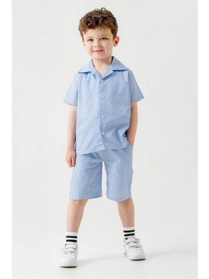 Miniğimin Cicileri Çizgili Gömlek Şortlu Keten Erkek Çocuk 2 li takım - Açık Mavi