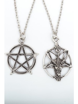 2'li Ters Pentagram Keçi Kafası - Wicca Gümüş Kaplama Kolye Seti