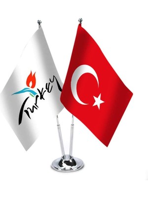 Asilmeydan Türkiye Turkey Logolu İkili Saten Masa Bayrağı