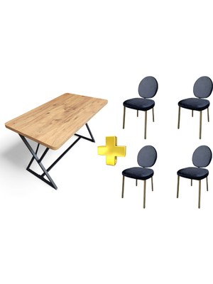  4 Kişilik Çam Mutfak Masa Sandalye Takımı 120 x 70 cm (Antrasit- Gold Iskelet)