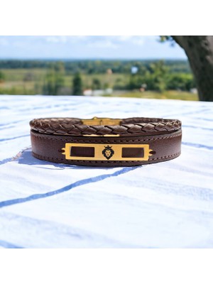 14 Ayar Plakalı Altın Kral Aslan Temalı Kahverengi Derili Dikdörtgenli Hediye BILEKLIK-532SEMBOL