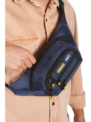 Lacivert Erkek Bel Çantası, Çok Cepli, Su Geçirmez, Kumaş, Göğüs Çapraz, Kulaklık Çıkışlı