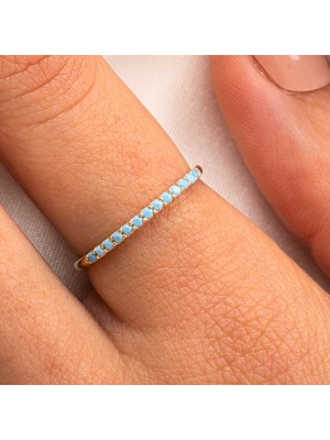 Fasek Gold Gümüş Yüzük - Firuze Taşlı 925 Ayar Gümüş Yüzük - 0.25 Karat Yarım Tur Pırlanta Montörü Alyans