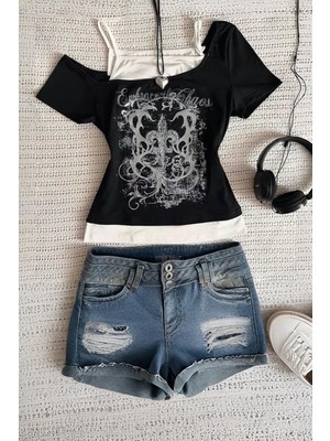 Siyah Embrace The Chaos Ek Askılı Gotik Y2K Kısa Kollu Full Body Crop