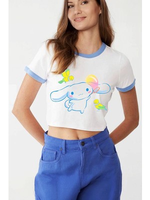 Beyaz Anime Sanrio : Cinnamoroll Bird Friends Kısa Kollu Crop