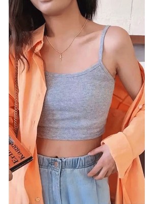 Gri Melanj Harajuku Y2K Askılı Crop