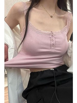 Kara Kedi Pudra Düğme Yakalı Dantel Detaylı Gotik Y2K Askılı Crop