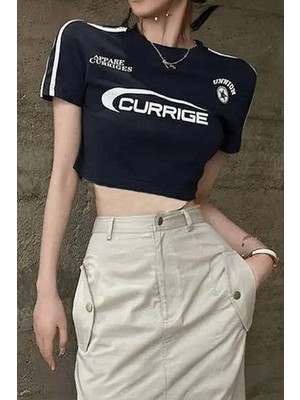 Kara Kedi Lacivert Appare Currige Y2K Kısa Kollu Crop