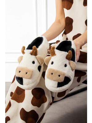 Inek Figürlü Nakışlı Kışlık Unisex Ev Terliği Ses Yapmaz Kaydırmaz Taban