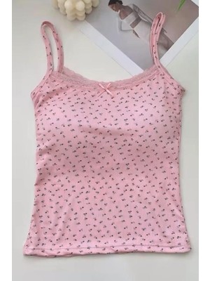 Pembe Minik Fiyonk ve Çiçek Desenli Y2K Destekli Askılı Crop