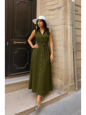 Kadın Düğme Detay Kuşak Dahil Elbise