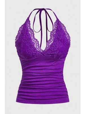 Mor Dantelli Bağlamalı Y2K Askılı Crop