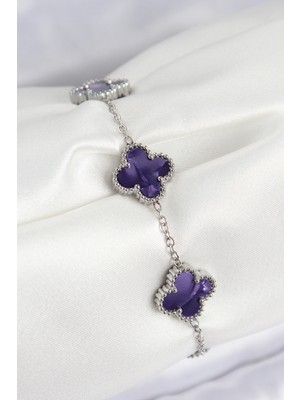 316L Çelik Sedefli Mor Gümüş Renk Yonca Kadın Bileklik