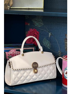 Krem Şerit Zincir Detay Omuz Çantası