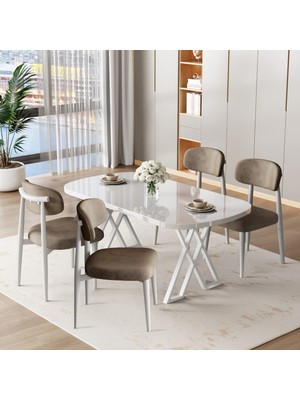 Jolin Serisi Mdf 90X168 Beyaz Mutfak Masa Takımı 4 Cappucino Metal Sandalye
