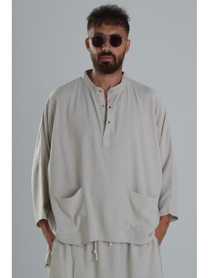 Keten Kumaş Oversize Bej Tasarım T-Shirt