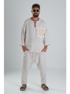 Bej Keten Pamuk Tasarım Şalvar Takım