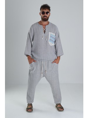Cocopelli Erkek Gri Keten Pamuk Oversize Şalvar Takım COC1285