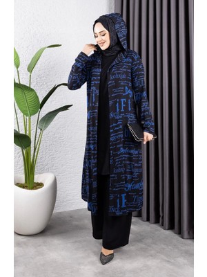 Yazılı 3 Lü Tesettür Takım 4012-01 Siyah Indigo