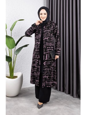 Sefa Merve Yazılı 3 Lü Tesettür Takım 4012-02 Siyah Gül Kurusu