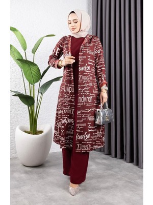 Yazılı 3 Lü Tesettür Takım 4012-08 Vişne