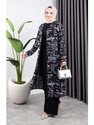 Yazılı 3 Lü Tesettür Takım 4012-10 Siyah