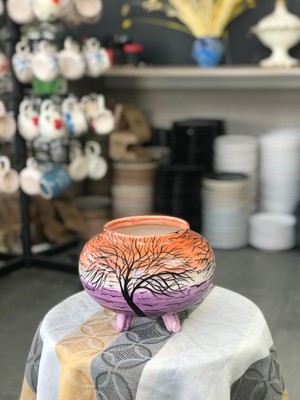 Gün Batımı Desenli El Yapımı Seramik Saksı – Ayaklı & Dekoratif Saksı