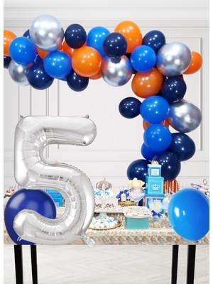 5 Yaş Kozmik Temalı Doğum Günü Seti Kozmik Mavi Turuncu Gümüş Mavi Balonlar Gümüş Folyo Rakam