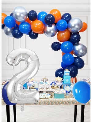 2 Yaş Kozmik Temalı Doğum Günü Seti Kozmik Mavi Turuncu Gümüş Mavi Balonlar Gümüş Folyo Rakam