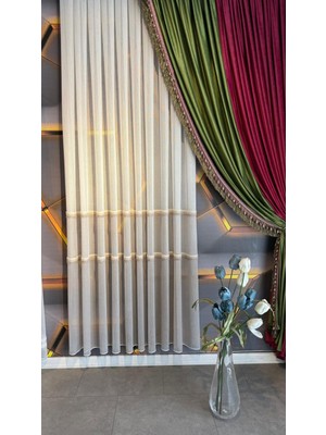 Soft Yatay Çizgi Desen Bej Tonlarında Pilesiz Tül Perde, Ütü Istemez Yüksek Kaliteli Tül Perde