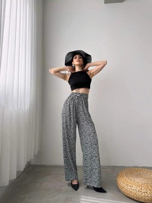 Desenli Beli Lastikli Bürümcük Pantolon -Gri