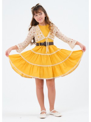 Kızçocuk Dantel Yelekli %100 Pamuklu Vual Yazlık Baharlık Elbise