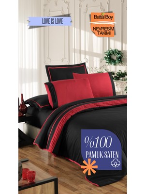 Silkarea Love Is Love %100 Pamuk Saten King Size (XL/Battal) Çift Kişilik Nevresim Takımı - Kırmızı Siyah